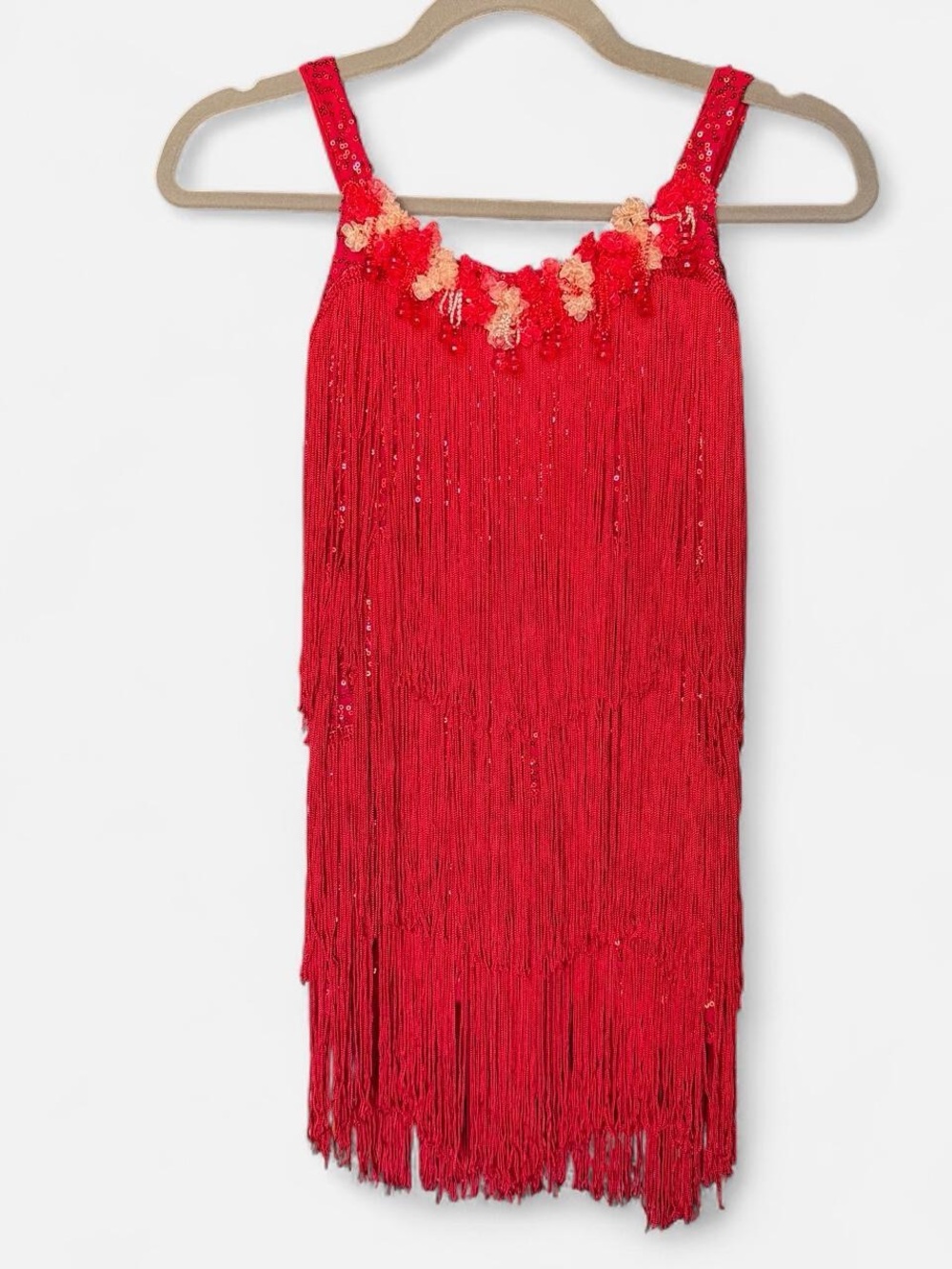 Red Fringe Dance Dress with Floral Trim and sequins Child Large